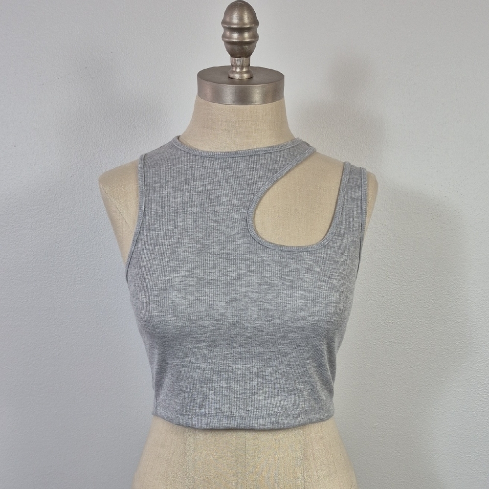 SHEIN Gray Ribbed Cutout Crop Tank Top Stretch Fitted Size 4